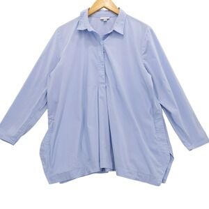 J Jill‎ Petite L Blue Collared Snap Front Shirt Tunic Pleated Hidden Pockets